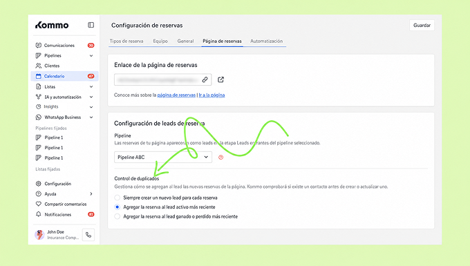 Settings page for reservation leads with highlighted duplicate control options.